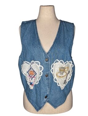 Vintage Denim Vest Lace Applique Embroidered Tea Cottagecore Small